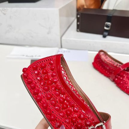 ALAIA MARY JANE SHOES IN CHERRY RED STUDDED FISHNET MESH AND CALFSKIN