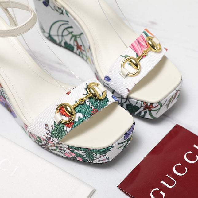 GG WEDGE HEEL SANDALS 100 IN WHITE FABRIC FLORAL PRINT
