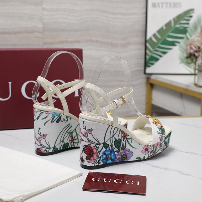 GG WEDGE HEEL SANDALS 100 IN WHITE FABRIC FLORAL PRINT