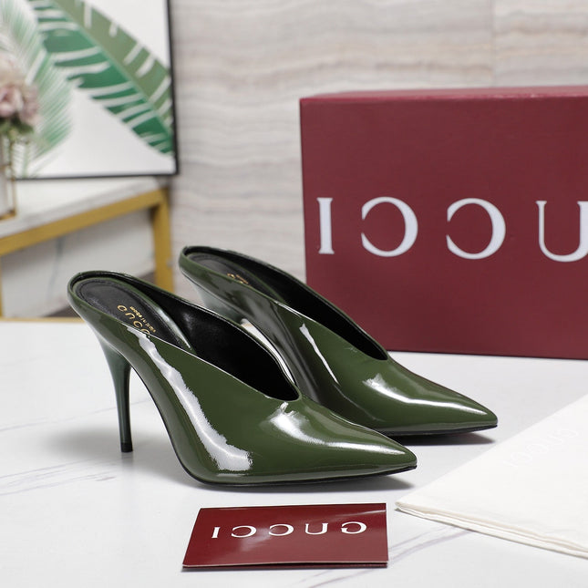 GG HEELED MULES 105 IN ARMY GREEN CALFSKIN