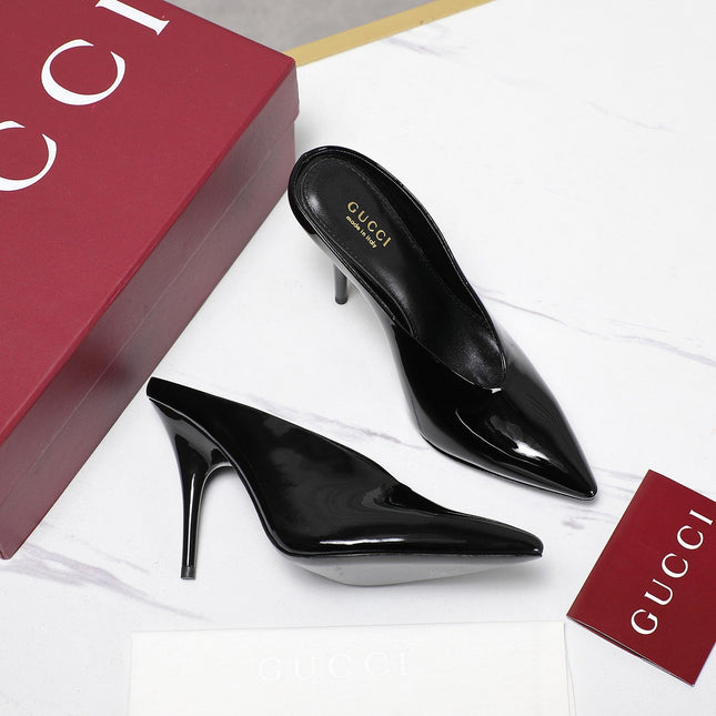 GG HEELED MULES 105 IN BLACK CALFSKIN