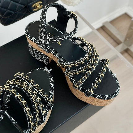 Double C Wooden Chain Platform Block Heel Sandals White Caro/ Black