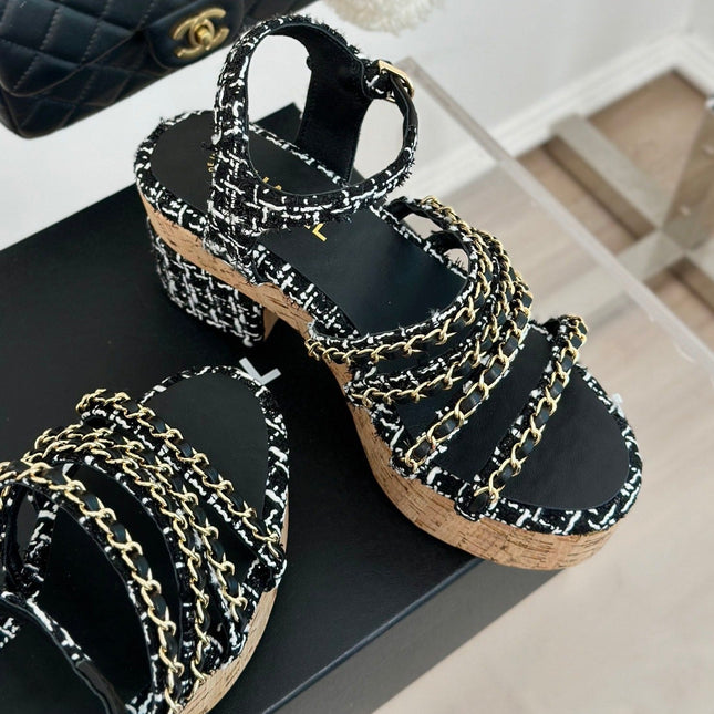Double C Wooden Chain Platform Block Heel Sandals White Caro/ Black