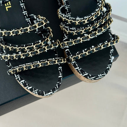 Double C Wooden Chain Platform Block Heel Sandals White Caro/ Black