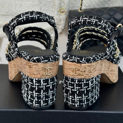 Double C Wooden Chain Platform Block Heel Sandals White Caro/ Black