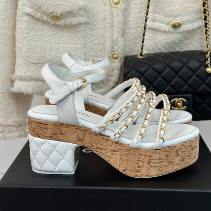 Double C Wooden Chain Platform Block Heel Sandals White