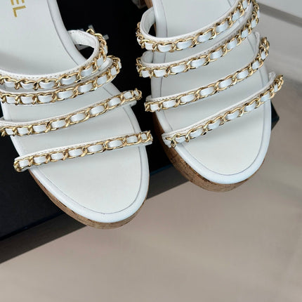 Double C Wooden Chain Platform Block Heel Sandals White