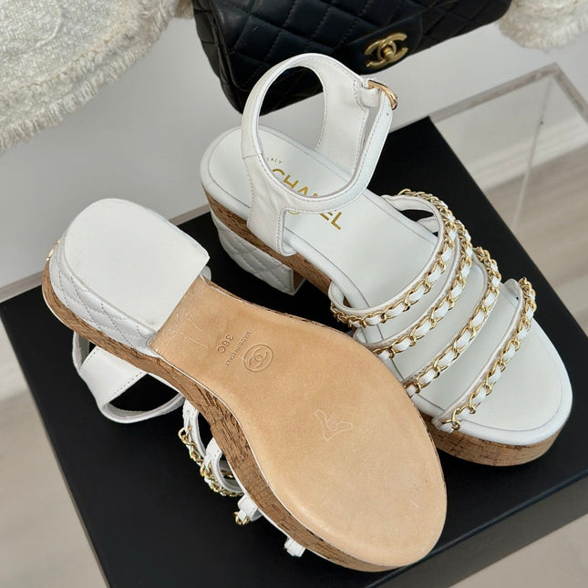 Double C Wooden Chain Platform Block Heel Sandals White