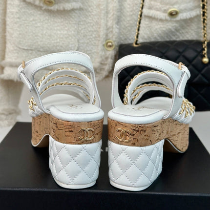 Double C Wooden Chain Platform Block Heel Sandals White