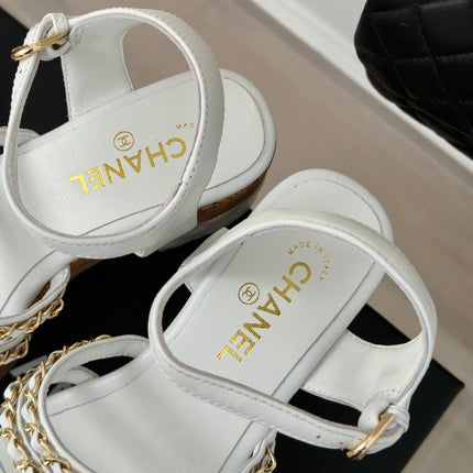 Double C Wooden Chain Platform Block Heel Sandals White