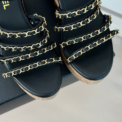 Double C Wooden Chain Platform Block Heel Sandals Black