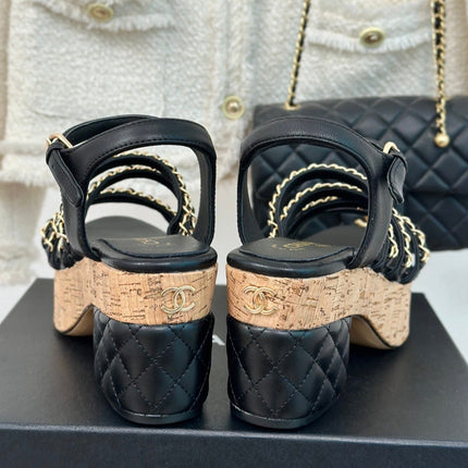 Double C Wooden Chain Platform Block Heel Sandals Black