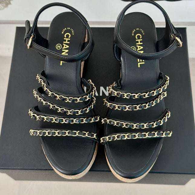 Double C Wooden Chain Platform Block Heel Sandals Black