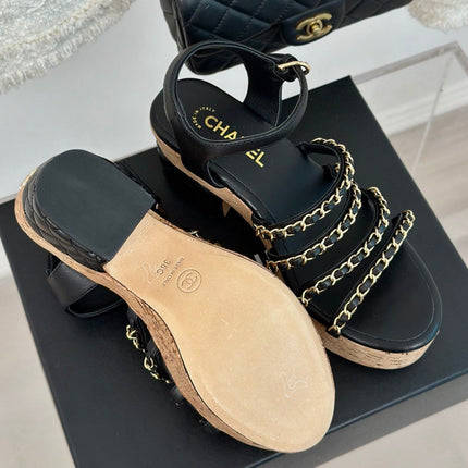 Double C Wooden Chain Platform Block Heel Sandals Black