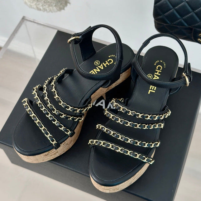 Double C Wooden Chain Platform Block Heel Sandals Black