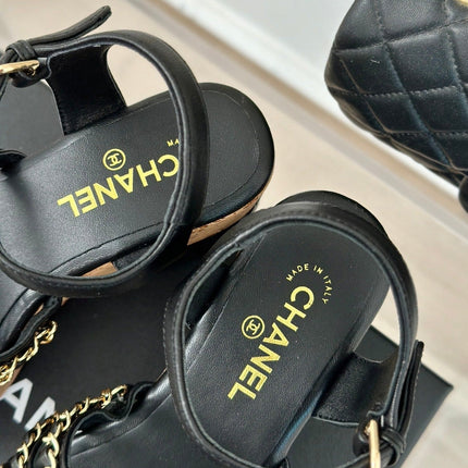 Double C Wooden Chain Platform Block Heel Sandals Black