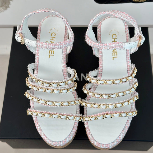 Double C Wooden Chain Platform Block Heel Sandals Blush Pink/ White