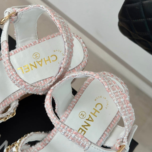 Double C Wooden Chain Platform Block Heel Sandals Blush Pink/ White