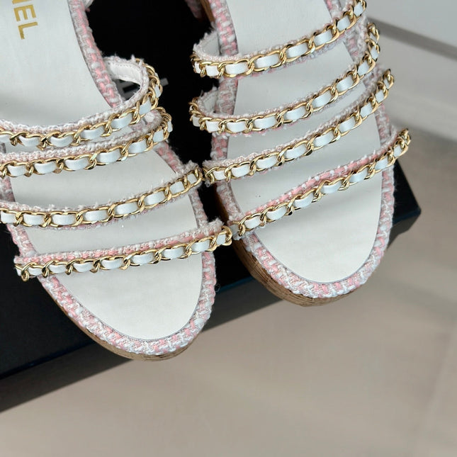 Double C Wooden Chain Platform Block Heel Sandals Blush Pink/ White