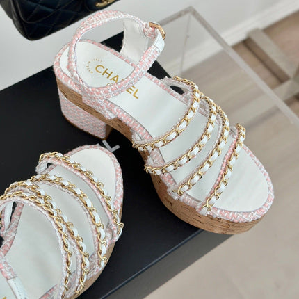 Double C Wooden Chain Platform Block Heel Sandals Blush Pink/ White