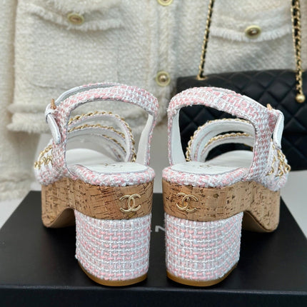 Double C Wooden Chain Platform Block Heel Sandals Blush Pink/ White