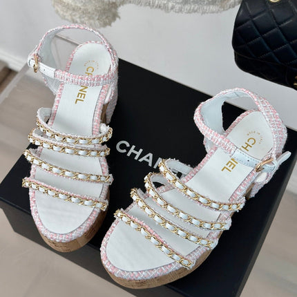 Double C Wooden Chain Platform Block Heel Sandals Blush Pink/ White