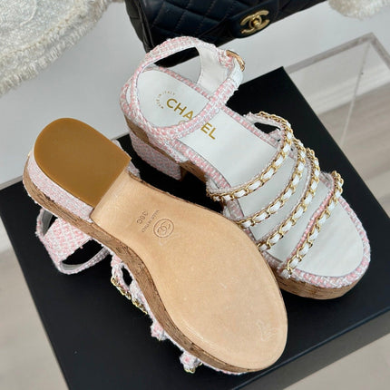 Double C Wooden Chain Platform Block Heel Sandals Blush Pink/ White