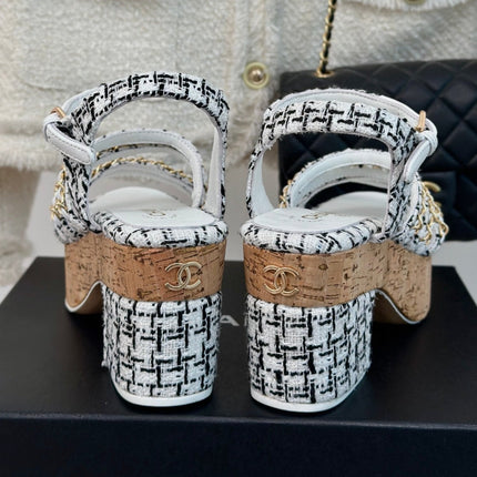 Double C Wooden Chain Platform Block Heel Sandals Black Caro/ White