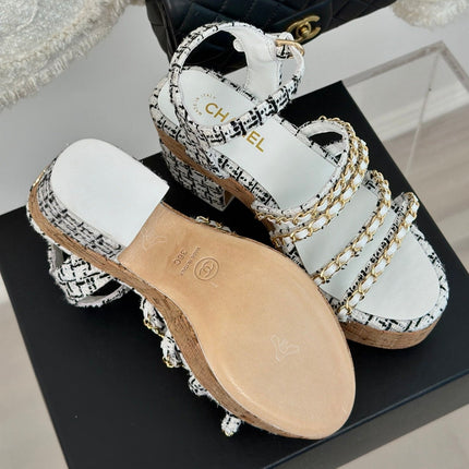Double C Wooden Chain Platform Block Heel Sandals Black Caro/ White