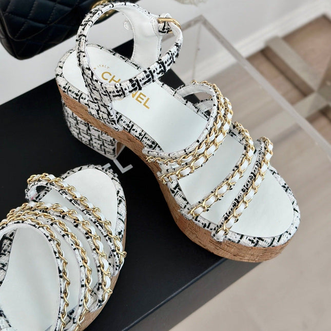 Double C Wooden Chain Platform Block Heel Sandals Black Caro/ White
