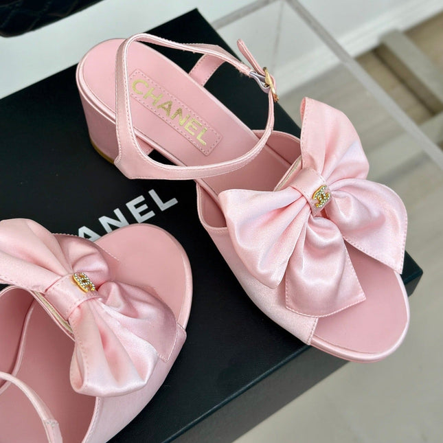 Double CC Big Bow High Sandal Sheepskin Light Pink