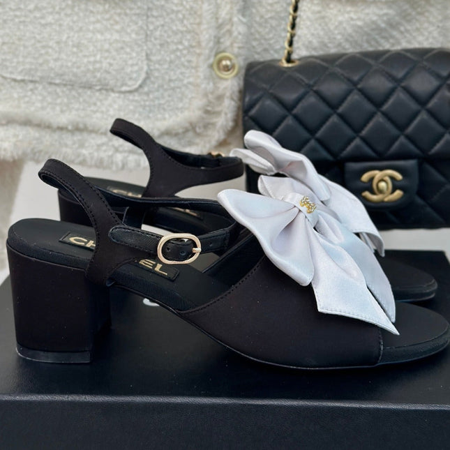 Double CC Big Bow High Sandal Sheepskin Black White
