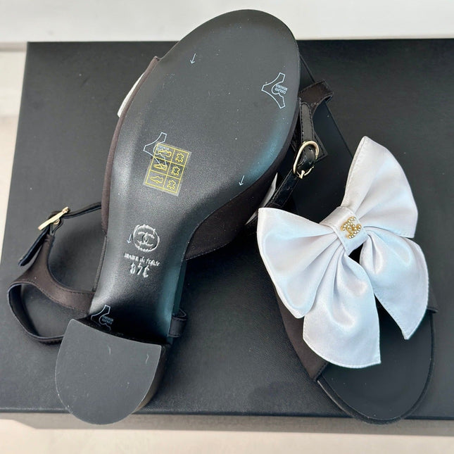 Double CC Big Bow High Sandal Sheepskin Black White