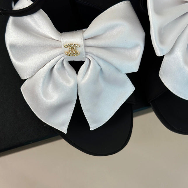 Double CC Big Bow High Sandal Sheepskin Black White
