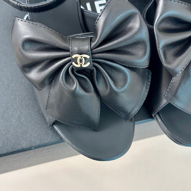 Double CC Big Bow High Sandal Sheepskin Black