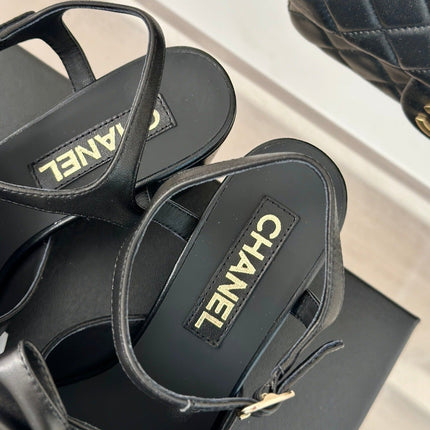 Double CC Big Bow High Sandal Sheepskin Black