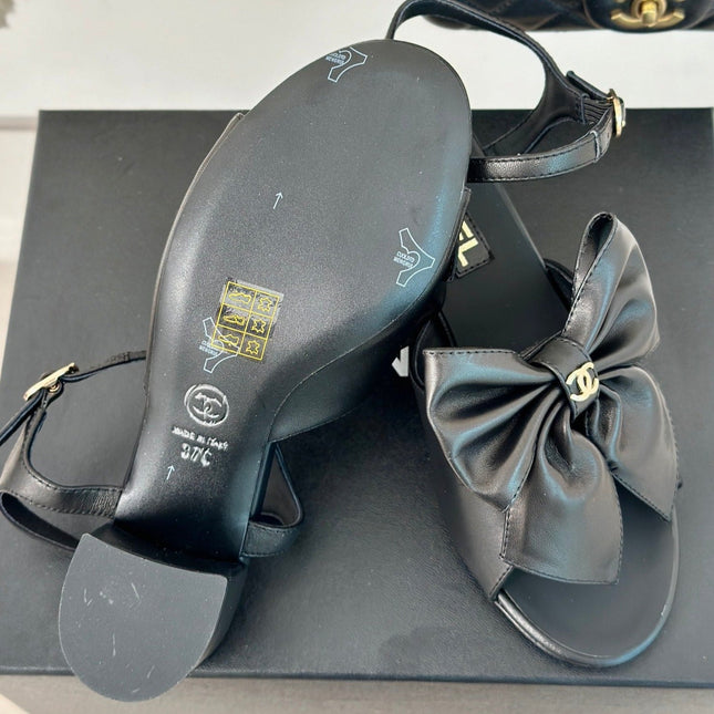 Double CC Big Bow High Sandal Sheepskin Black