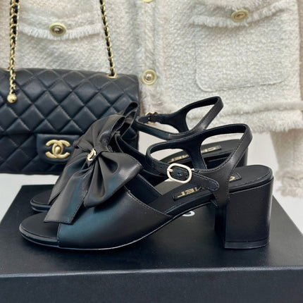 Double CC Big Bow High Sandal Sheepskin Black