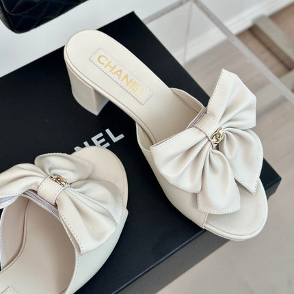 Double CC Big Bow High Heels Sheepskin White
