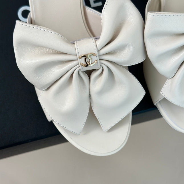 Double CC Big Bow High Heels Sheepskin White