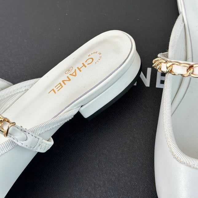 Double C Two-Tone Chain Mules White Lambskin