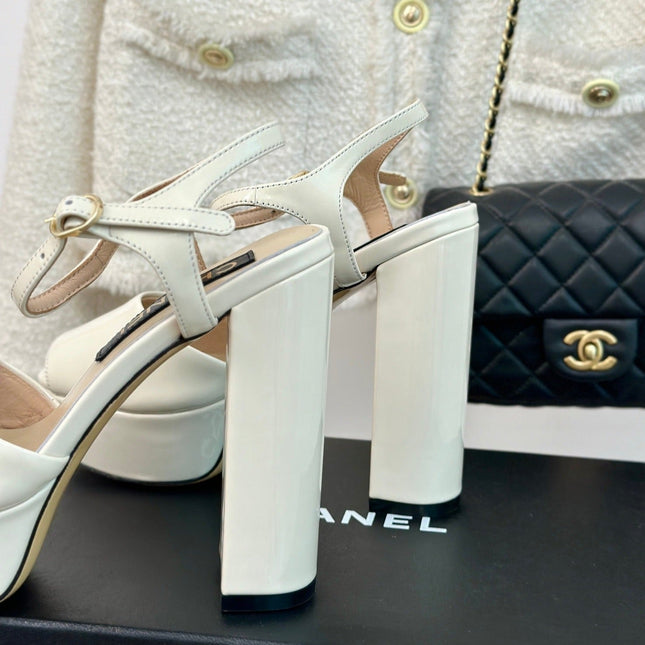Double C High Heel Sandals Beige Cream Leather
