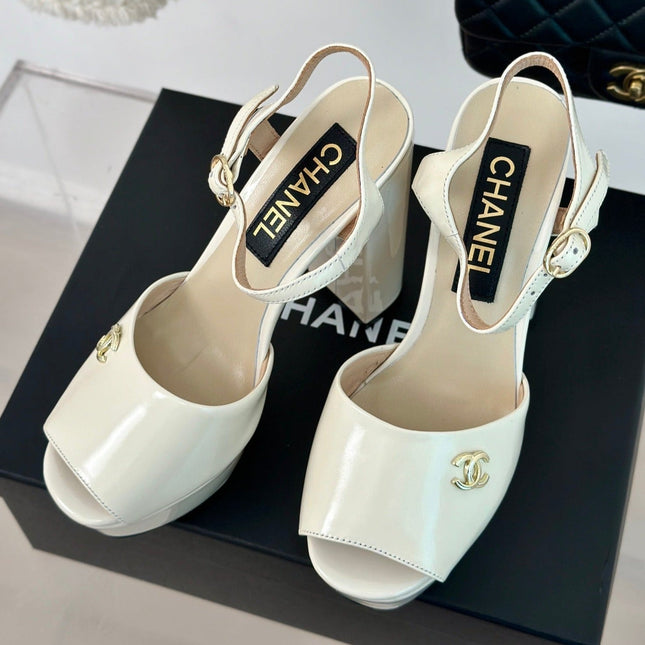 Double C High Heel Sandals Beige Cream Leather