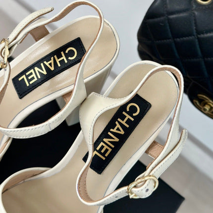 Double C High Heel Sandals Beige Cream Leather