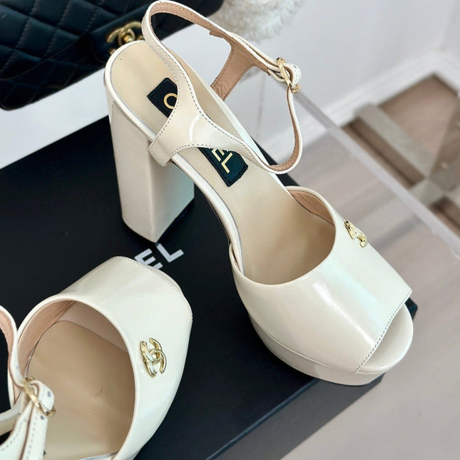 Double C High Heel Sandals Beige Cream Leather
