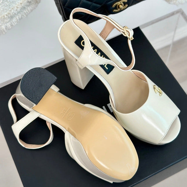 Double C High Heel Sandals Beige Cream Leather