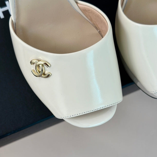 Double C High Heel Sandals Beige Cream Leather