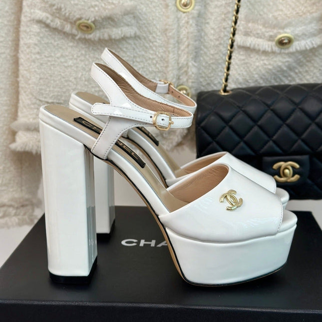 Double C High Heel Sandals White Leather