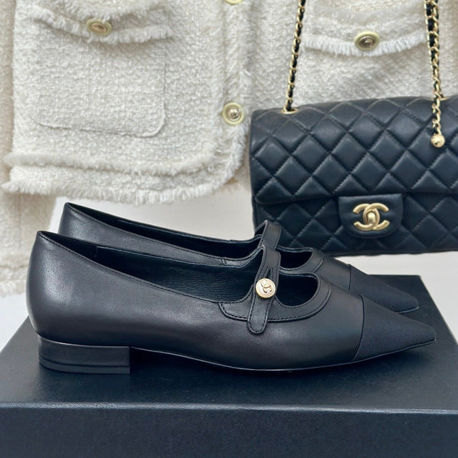 Double C Milan Runway Pointed Toe Mary Jane Shoes Black Lambskin