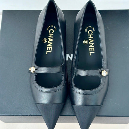 Double C Milan Runway Pointed Toe Mary Jane Shoes Black Lambskin